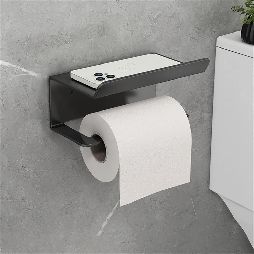 Carbon Steel Wall Mounted Bathroom Toilet Paper Roll Holder Mobile Phone Storage Shelf - Black - 2