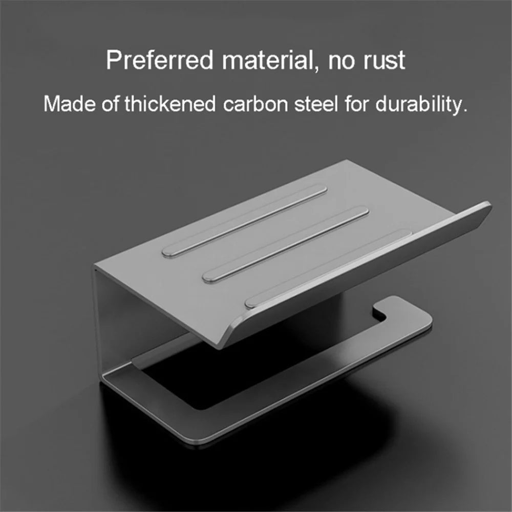 Carbon Steel Wall Mounted Bathroom Toilet Paper Roll Holder Mobile Phone Storage Shelf - Black - 3