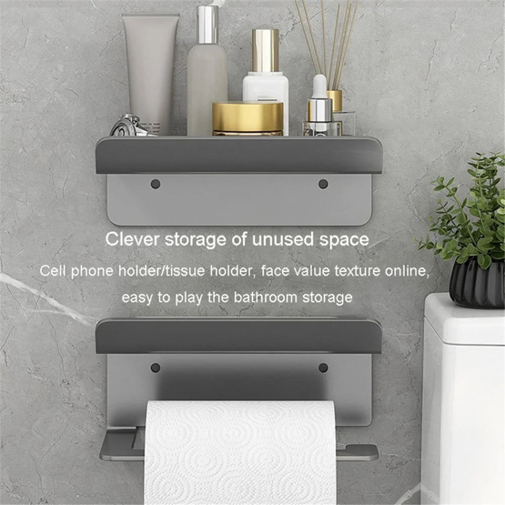 Carbon Steel Wall Mounted Bathroom Toilet Paper Roll Holder Mobile Phone Storage Shelf - Black - 4