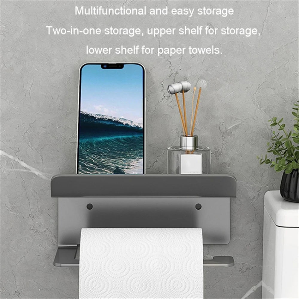 Carbon Steel Wall Mounted Bathroom Toilet Paper Roll Holder Mobile Phone Storage Shelf - Black - 5
