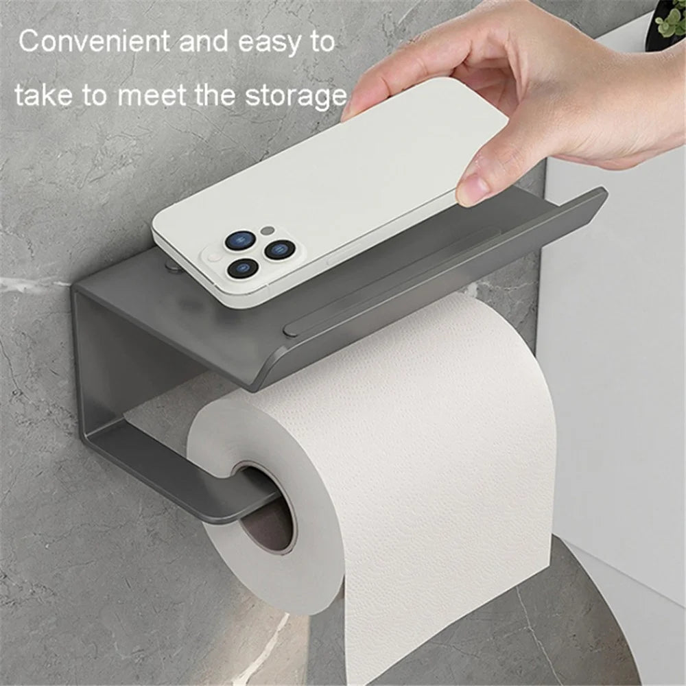Carbon Steel Wall Mounted Bathroom Toilet Paper Roll Holder Mobile Phone Storage Shelf - Black - 6