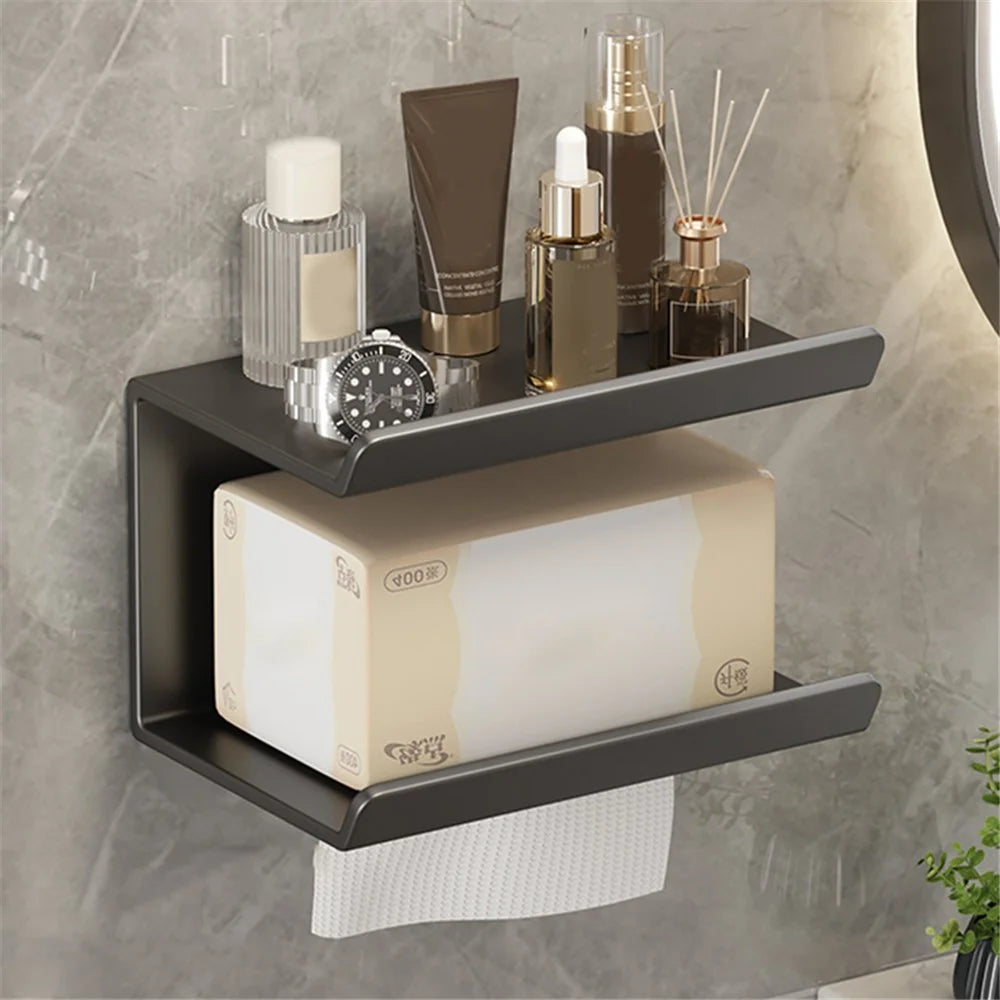 2-in-1 Wall Mounted Carbon Steel Bathroom Toilet Paper Holder with Storage Shelf - Black - 2