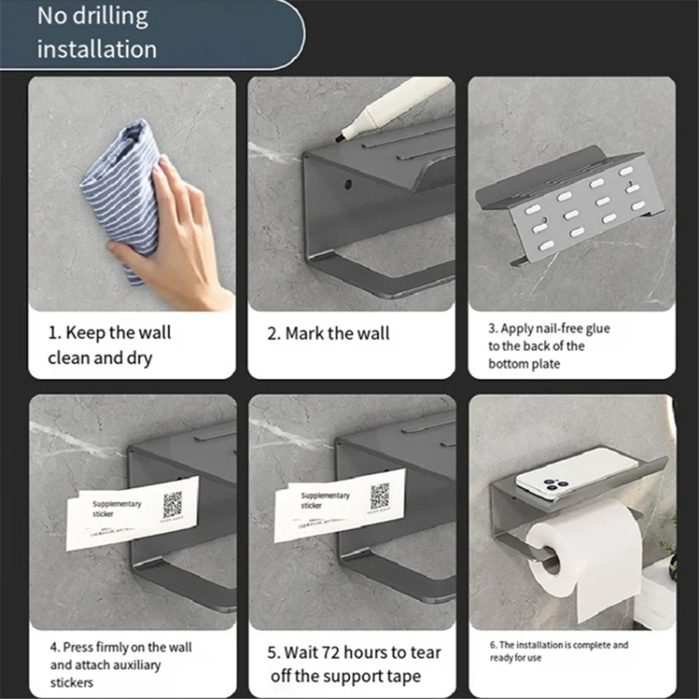 2-in-1 Wall Mounted Carbon Steel Bathroom Toilet Paper Holder with Storage Shelf - Black - 6