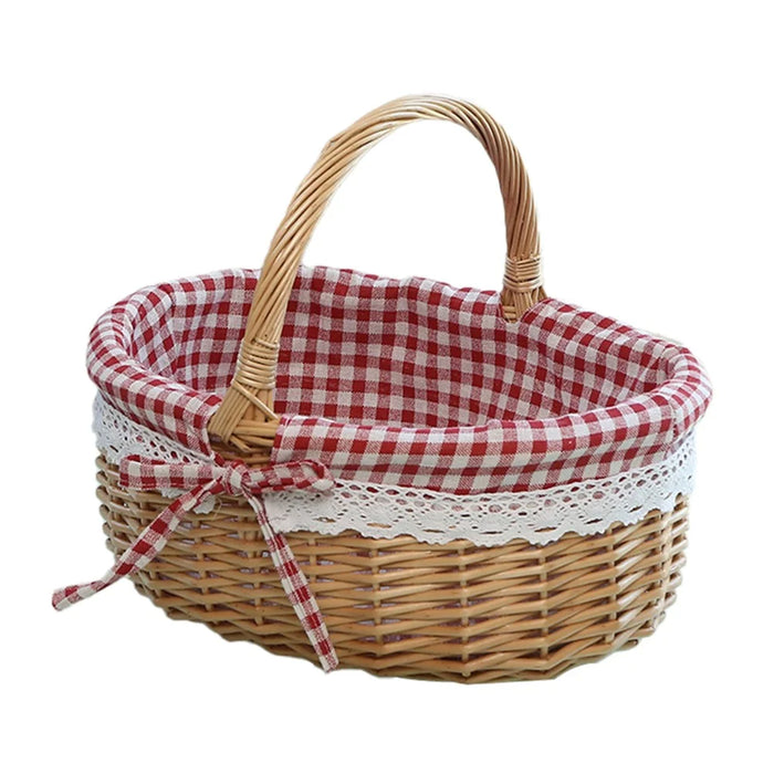 Wicker Picnic Basket with Handle Willow Hand Woven Easter Basket Toy Storage, Size: L - Red Grid - 1