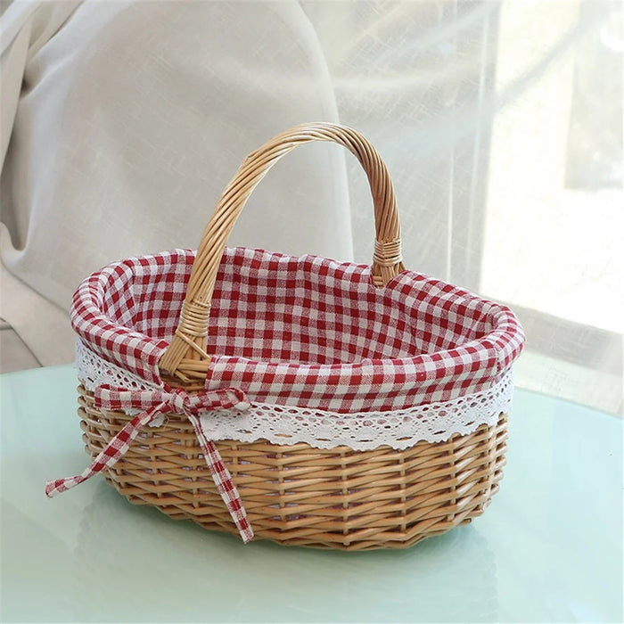 Wicker Picnic Basket with Handle Willow Hand Woven Easter Basket Toy Storage, Size: L - Red Grid - 2