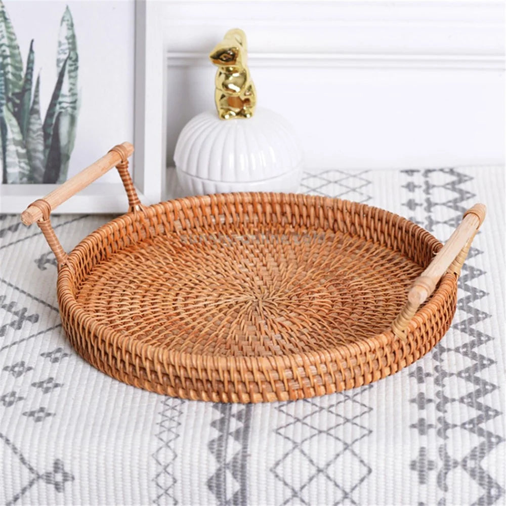 Bread Fruit Storage Basket Woven Rattan Round Tray with Handle L (No FDA) - 2