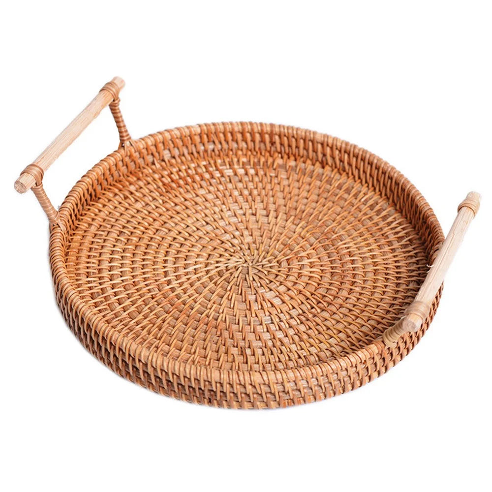 Woven Rattan Basket Bread Fruit Round Storage Tray with Handle M (No FDA) - 1