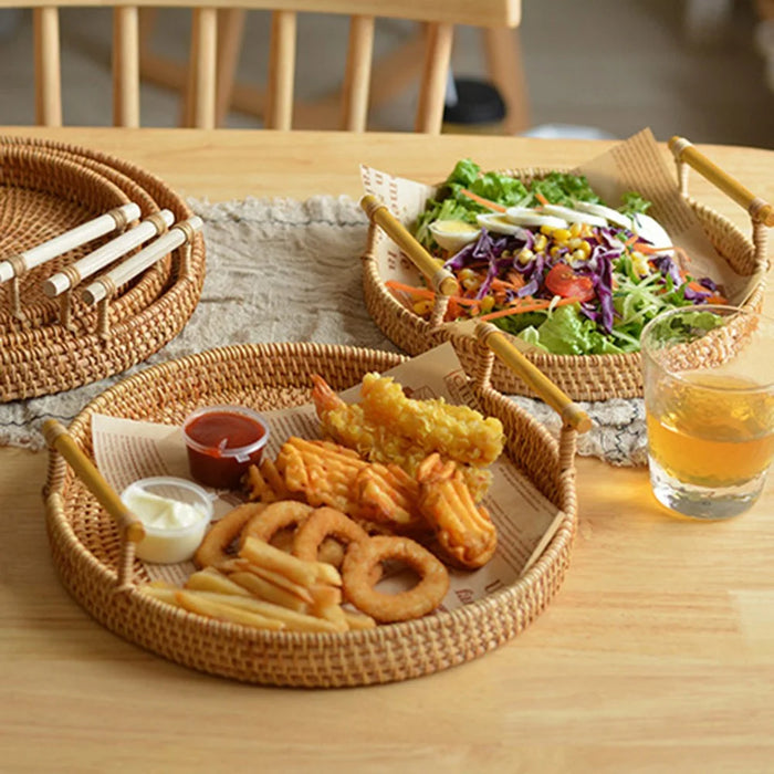Woven Rattan Basket Bread Fruit Round Storage Tray with Handle M (No FDA) - 4