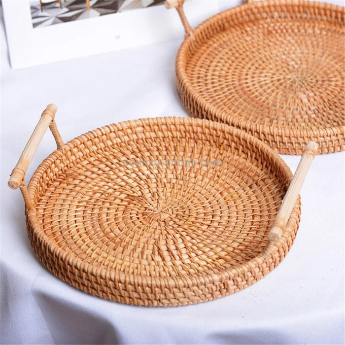 Woven Rattan Basket Bread Fruit Round Storage Tray with Handle M (No FDA) - 7