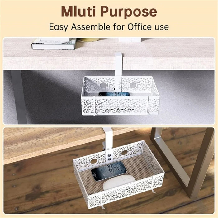 No Drill Hanging Desk Storage Organizer Hidden Under Desktop Basket (Rotation Style) - White - 3