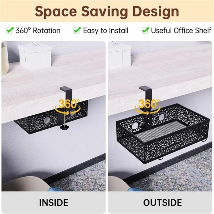 No Drill Hanging Desk Storage Organizer Hidden Under Desktop Basket (Rotation Style) - White - 5