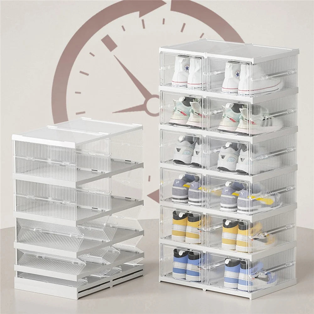 ZY-DF018 Six Tier Stackable Foldable Plastic Shoe Box Clear Storage Container - 4