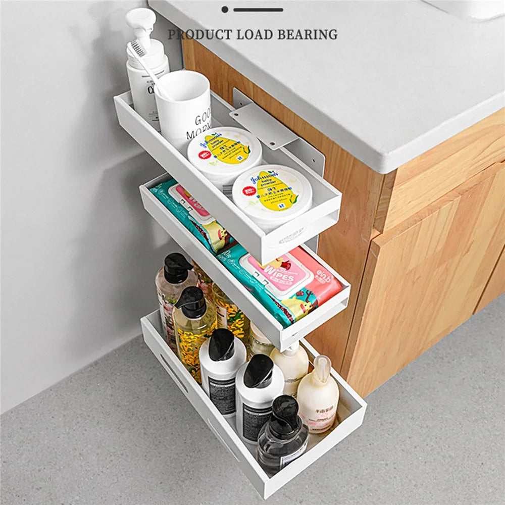 Carbon Steel Kitchen Organizer Wall-mounted Sliding Storage Box, Size L - Black - 3