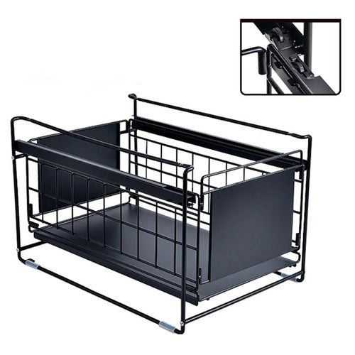 Carbon Steel Organizer Shelf with Wheels Kitchen Under Sink Storage Rack (No Lid) - Black - 1