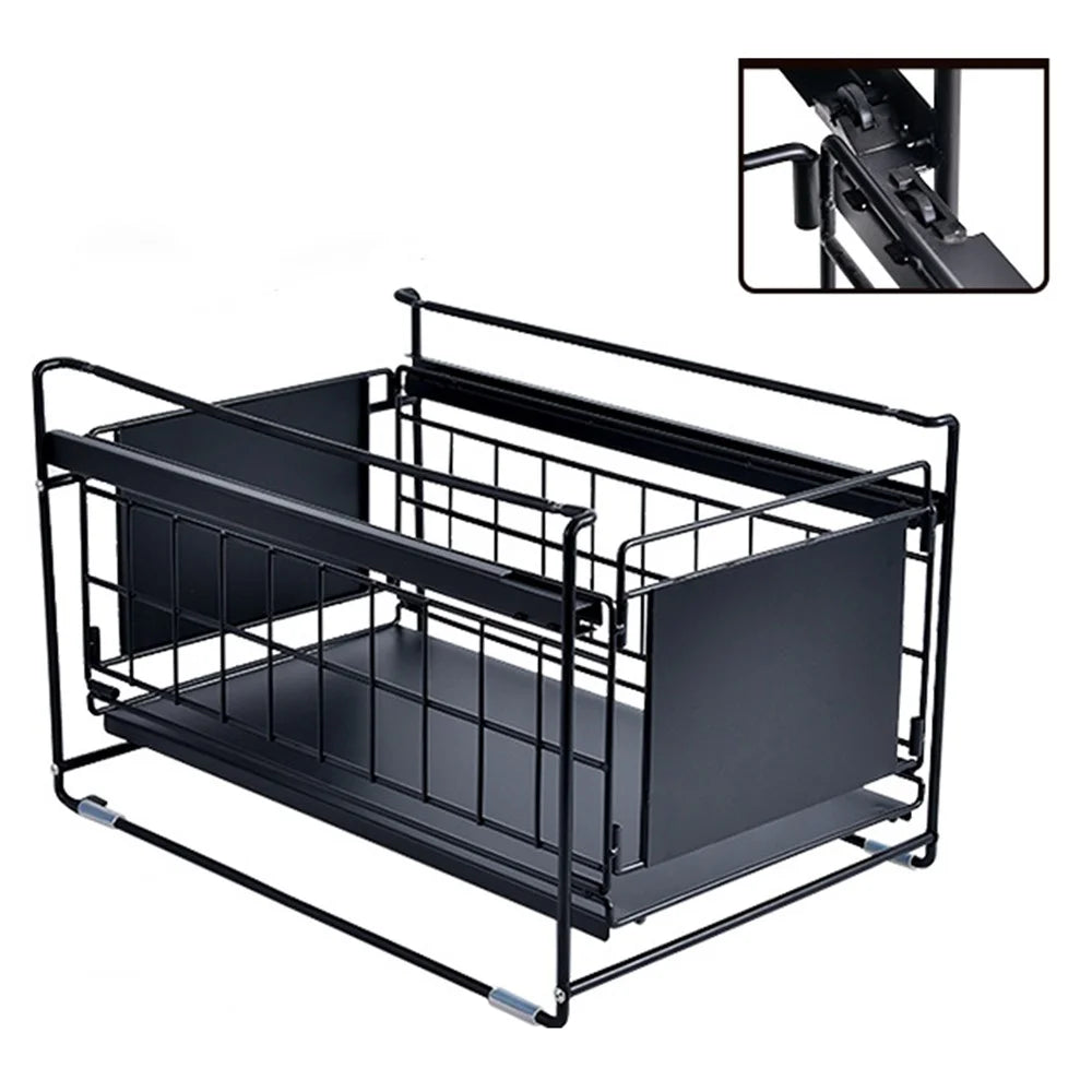 Carbon Steel Organizer Shelf with Wheels Kitchen Under Sink Storage Rack (No Lid) - Black - 1