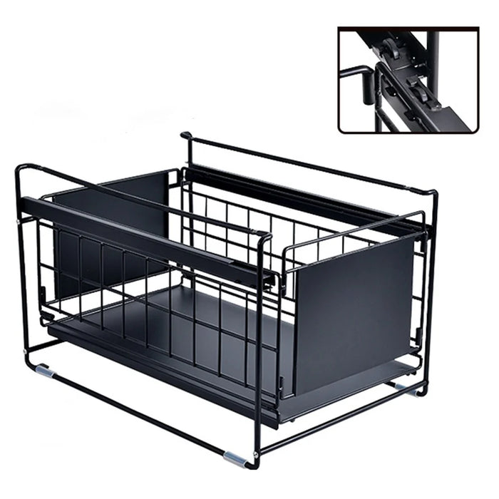 Carbon Steel Organizer Shelf with Wheels Kitchen Under Sink Storage Rack (No Lid) - Black - 1