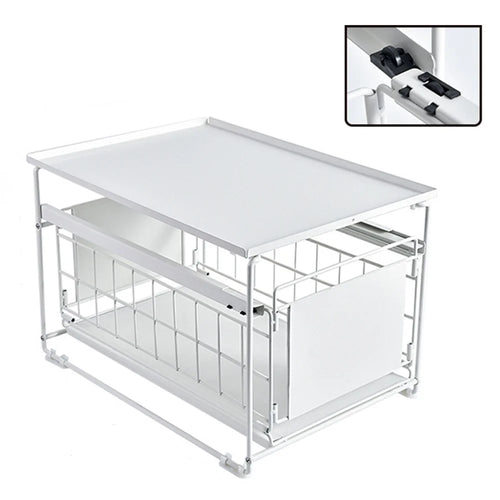 Kitchen Under Sink Organizer Shelf Carbon Steel Sliding Storage Rack with Lid - White - 1