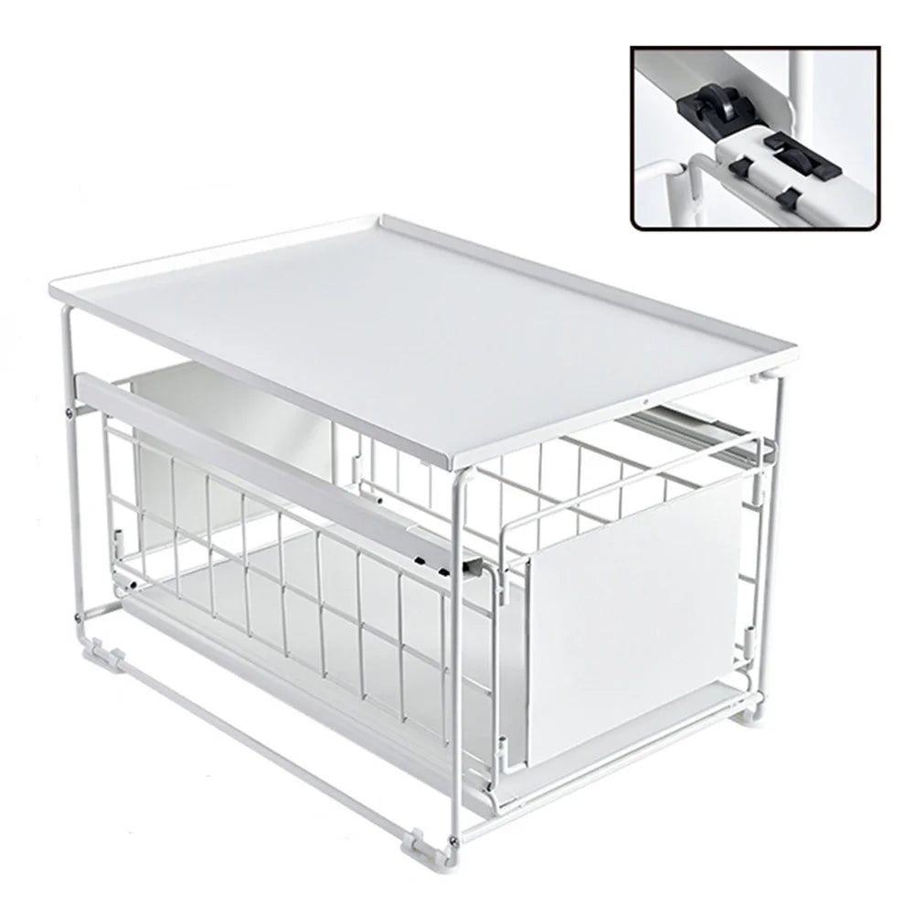 Kitchen Under Sink Organizer Shelf Carbon Steel Sliding Storage Rack with Lid - White - 1