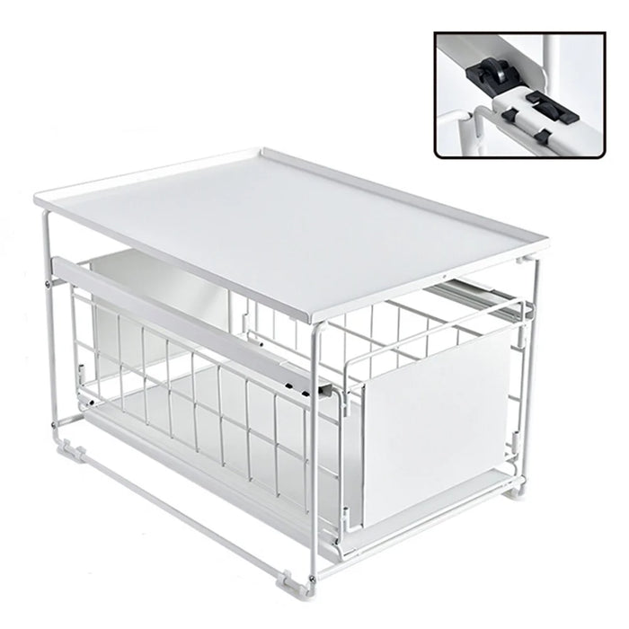 Kitchen Under Sink Organizer Shelf Carbon Steel Sliding Storage Rack with Lid - White - 1
