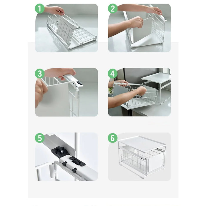 Kitchen Under Sink Organizer Shelf Carbon Steel Sliding Storage Rack with Lid - White - 3