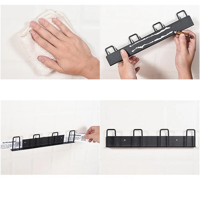 4-Hook Carbon Steel Organizer Rack Drill Free Wall Mounted Cup Holder - Black - 4