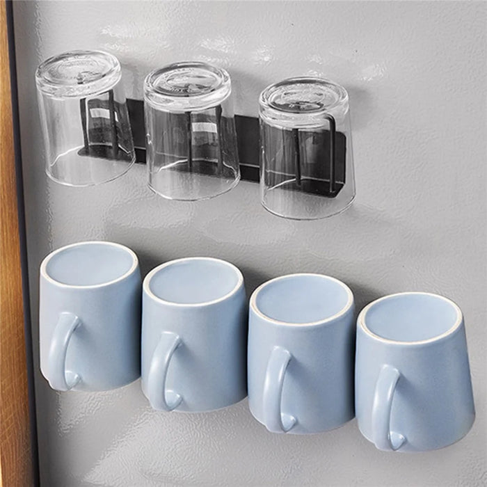 4-Hook Carbon Steel Organizer Rack Drill Free Wall Mounted Cup Holder - Black - 6