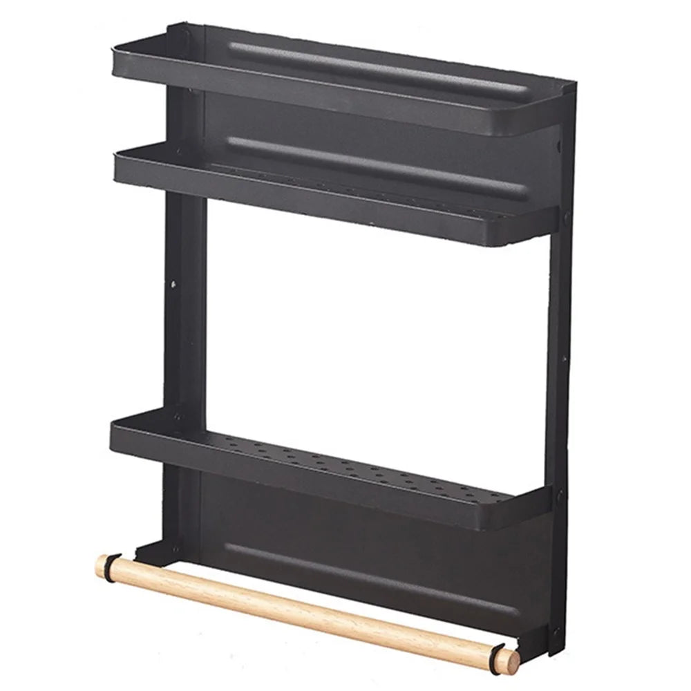 Fridge Magnetic Folding Carbon Steel Storage Rack with Wooden Rod, Size S - Black - 1