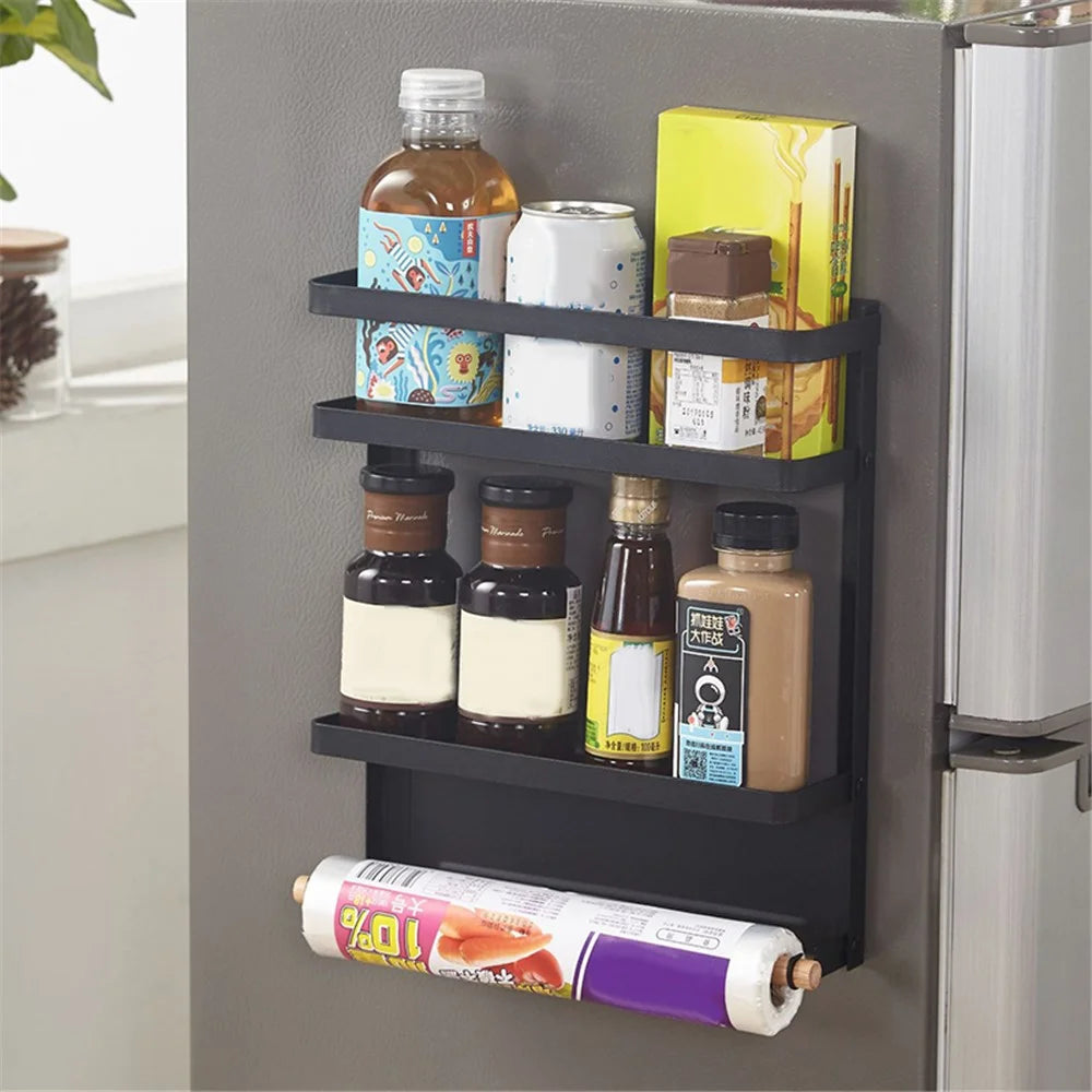 Fridge Magnetic Folding Carbon Steel Storage Rack with Wooden Rod, Size S - Black - 2