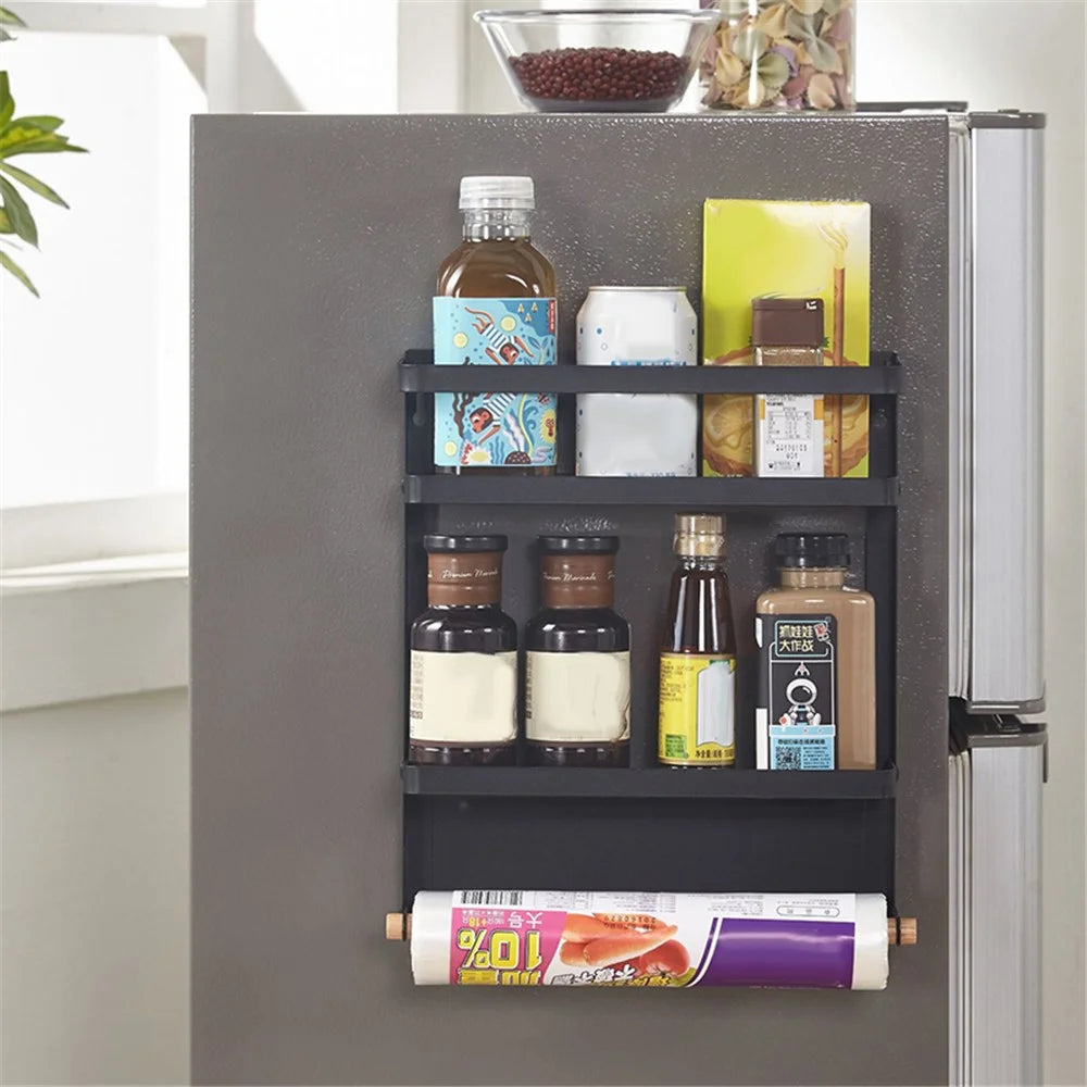 Fridge Magnetic Folding Carbon Steel Storage Rack with Wooden Rod, Size S - Black - 3