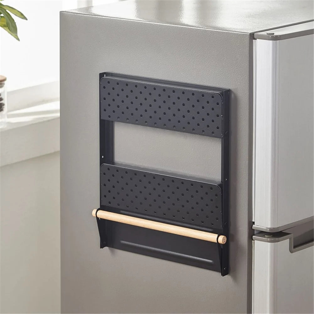 Fridge Magnetic Folding Carbon Steel Storage Rack with Wooden Rod, Size S - Black - 4