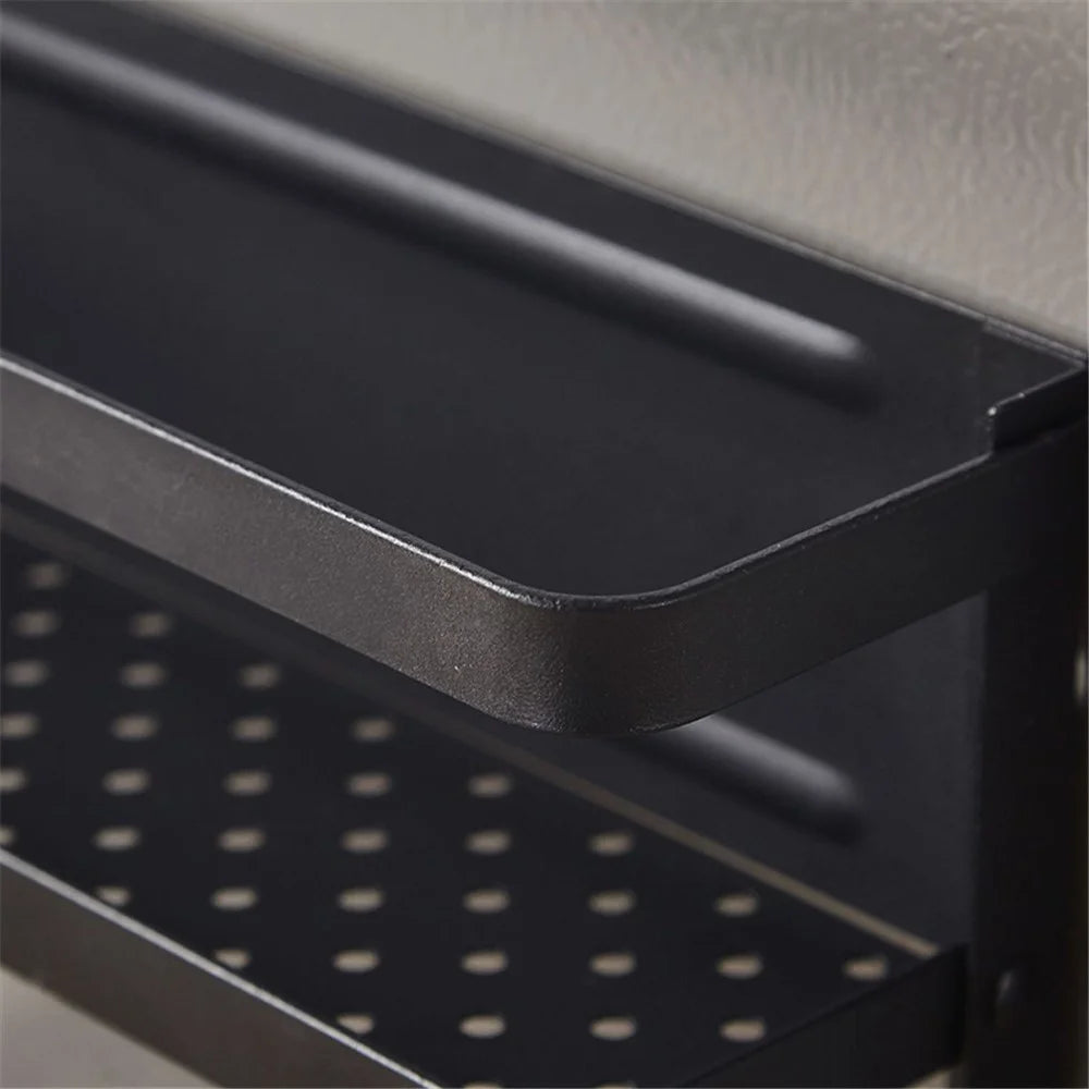Fridge Magnetic Folding Carbon Steel Storage Rack with Wooden Rod, Size S - Black - 6