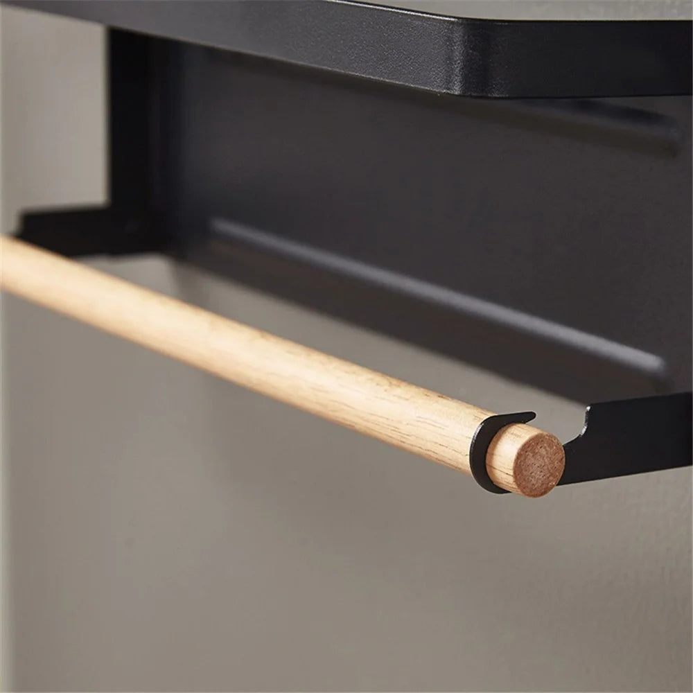 Fridge Magnetic Folding Carbon Steel Storage Rack with Wooden Rod, Size S - Black - 7