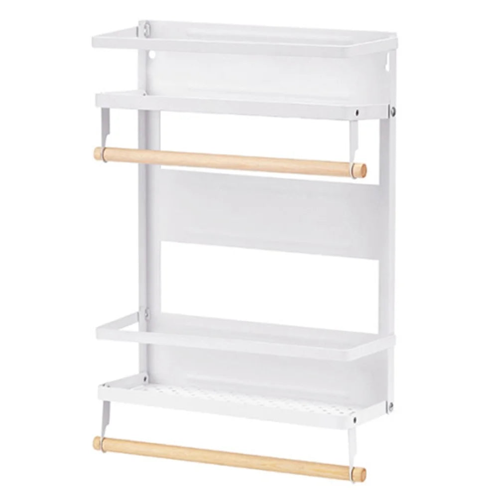 Carbon Steel Storage Rack Fridge Magnetic Folding Shelf with Wooden Rod, Size L - White - 1