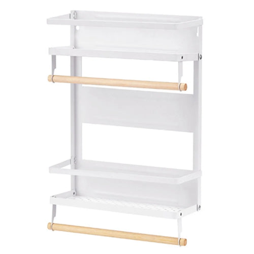 Carbon Steel Storage Rack Fridge Magnetic Folding Shelf with Wooden Rod, Size L - White - 1