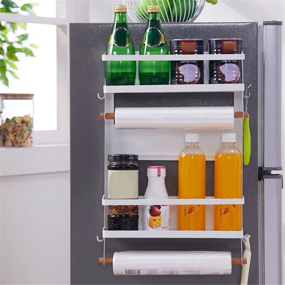 Carbon Steel Storage Rack Fridge Magnetic Folding Shelf with Wooden Rod, Size L - White - 2