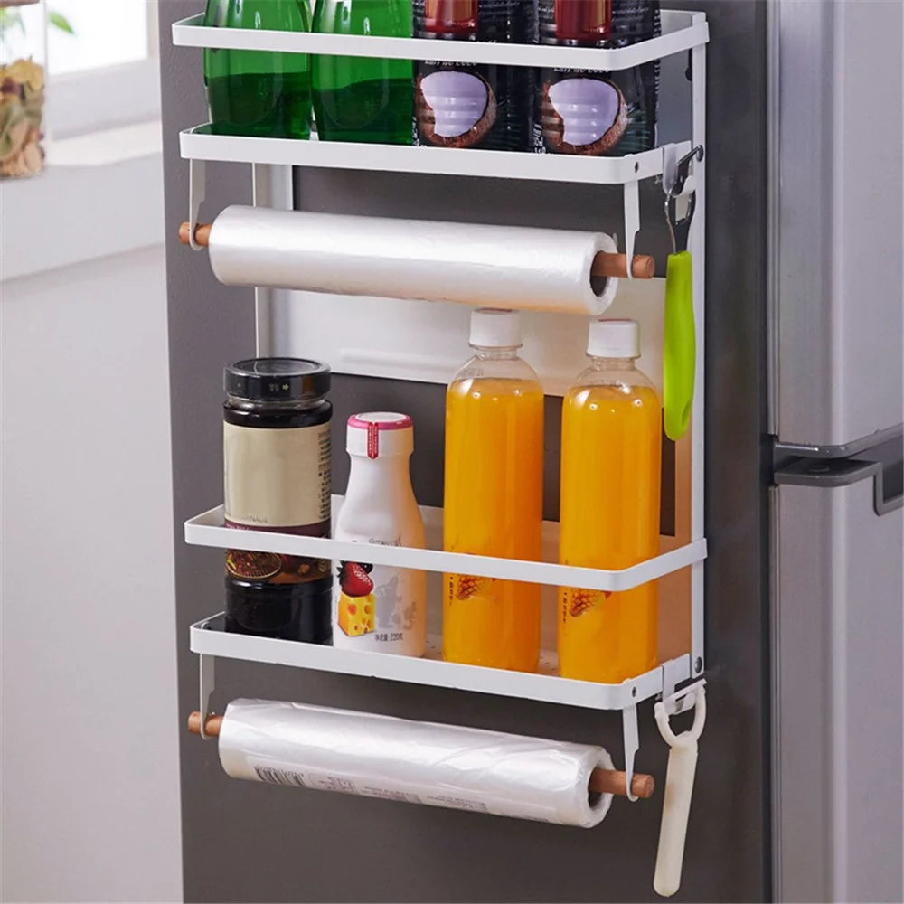 Carbon Steel Storage Rack Fridge Magnetic Folding Shelf with Wooden Rod, Size L - White - 3