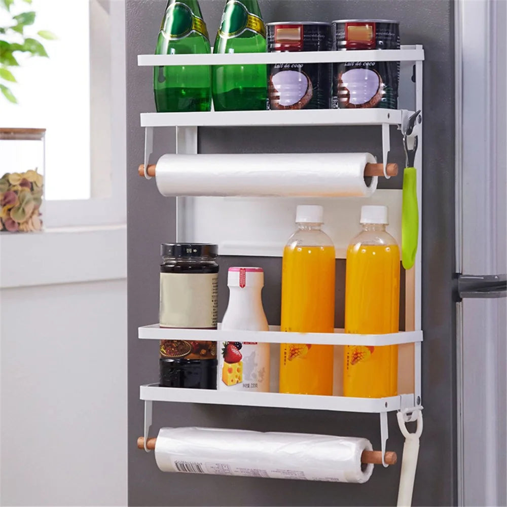Carbon Steel Storage Rack Fridge Magnetic Folding Shelf with Wooden Rod, Size L - White - 4