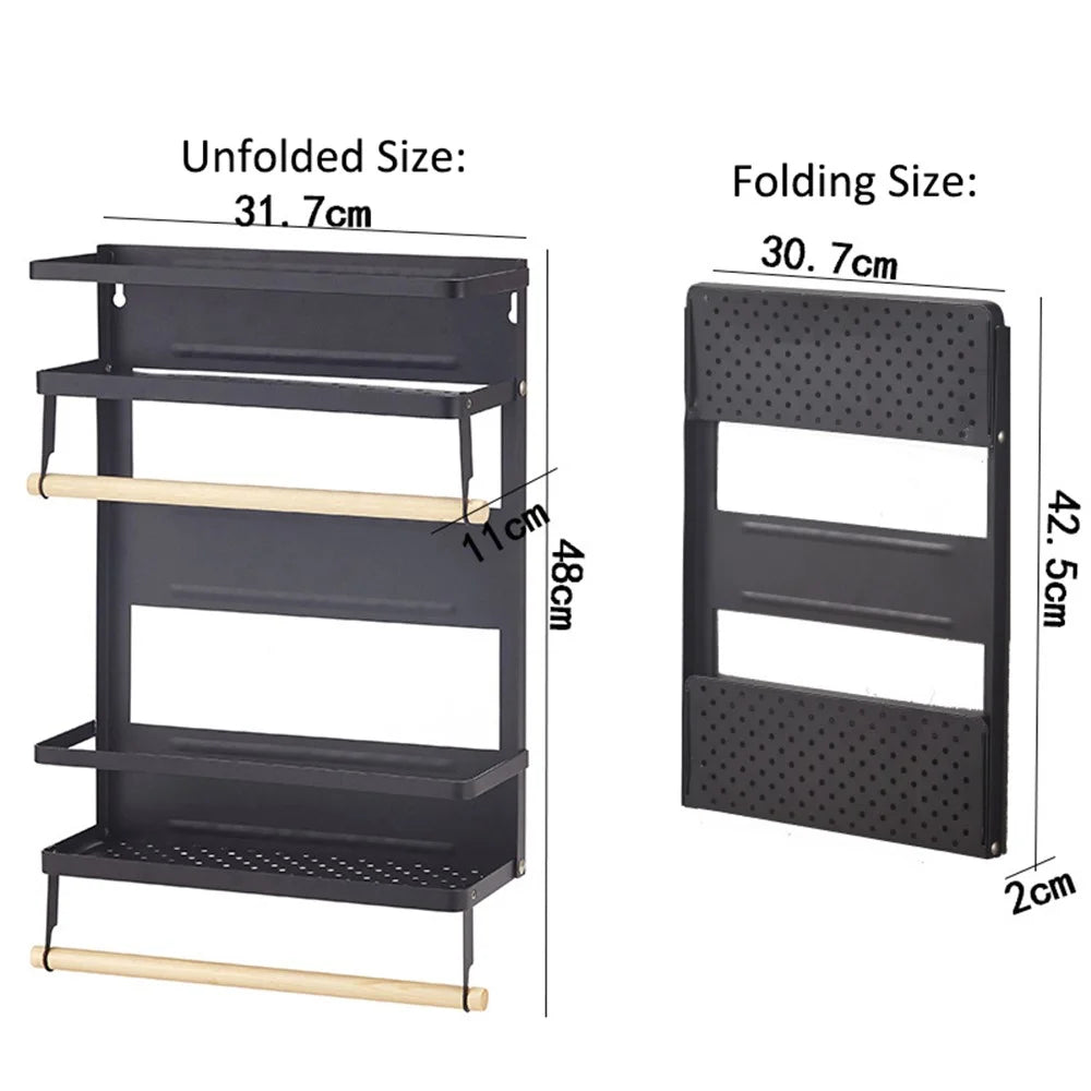 Carbon Steel Storage Rack Fridge Magnetic Folding Shelf with Wooden Rod, Size L - White - 5