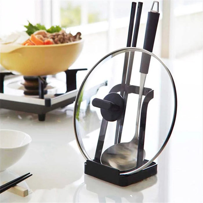 Pot Lid Stand Holder Carbon Steel Kitchen Pan Cover Soup Ladle Storage Rack - Style A / Black - 2