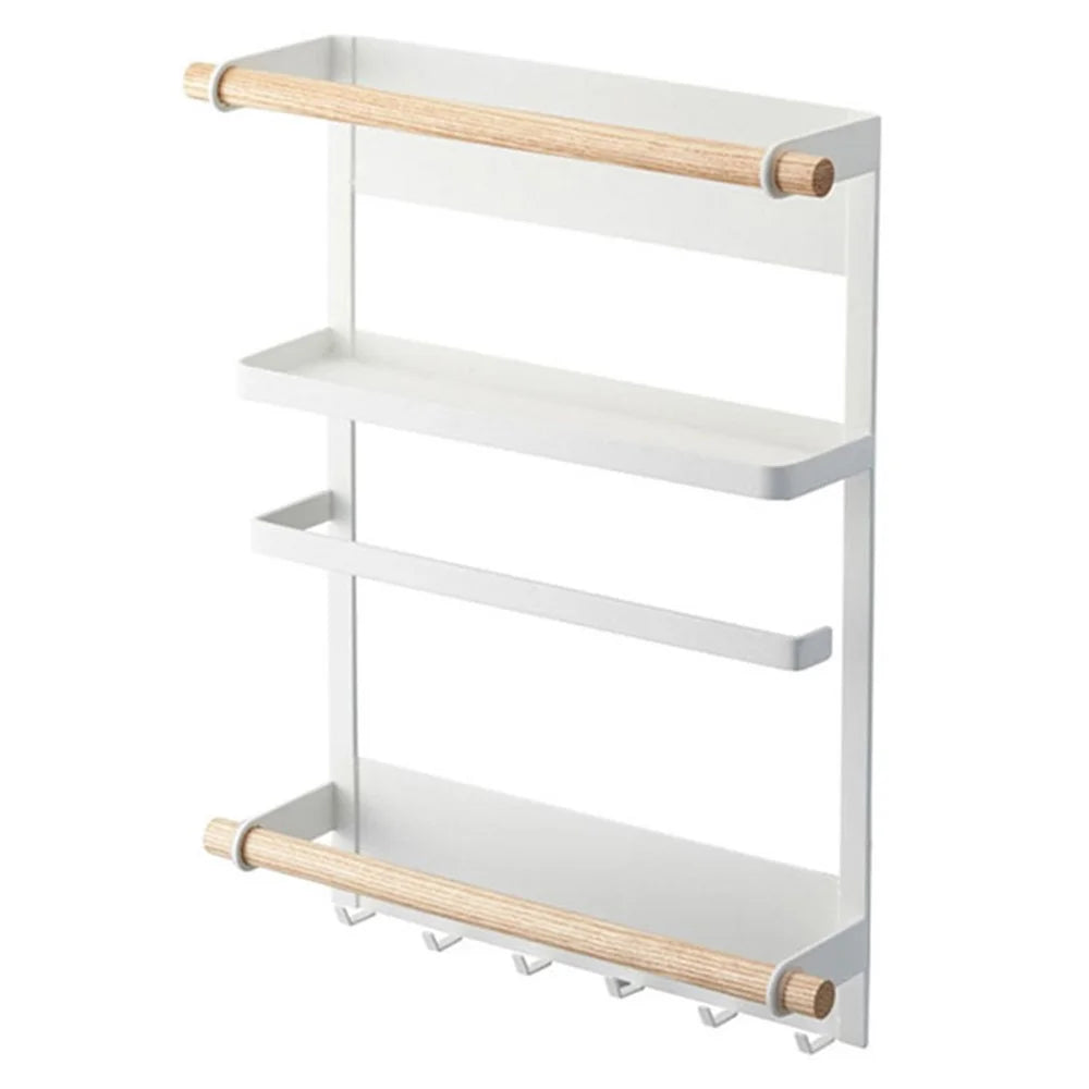Iron+Wood Magnetic Refrigerator Storage Shelf Kitchen Tools Hanging Storage Rack - White - 1