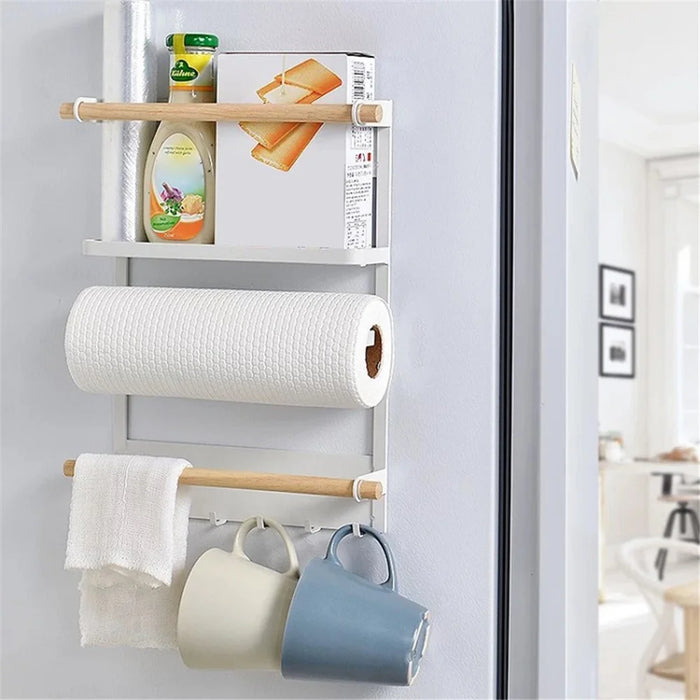 Iron+Wood Magnetic Refrigerator Storage Shelf Kitchen Tools Hanging Storage Rack - White - 2