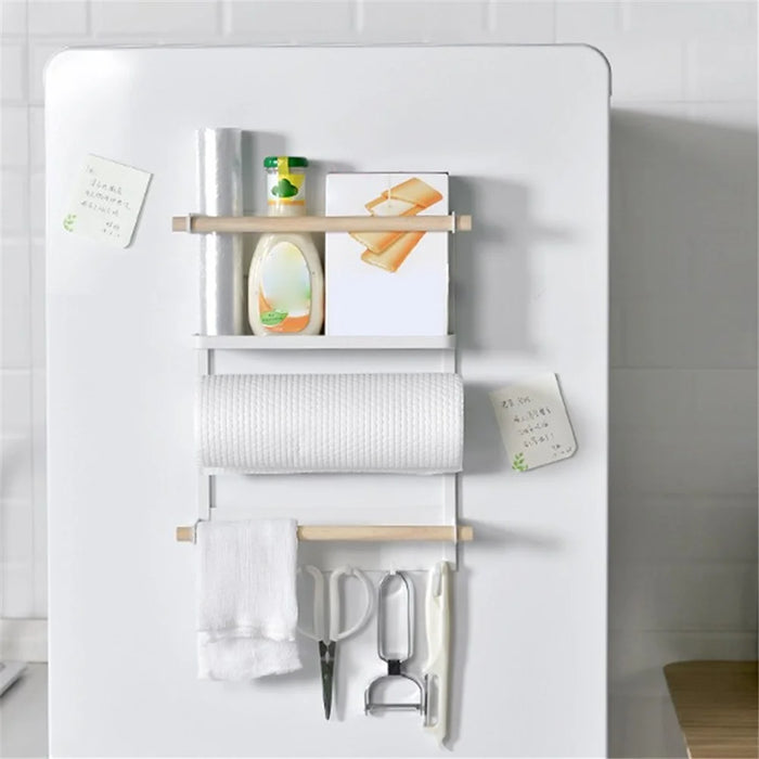 Iron+Wood Magnetic Refrigerator Storage Shelf Kitchen Tools Hanging Storage Rack - White - 3