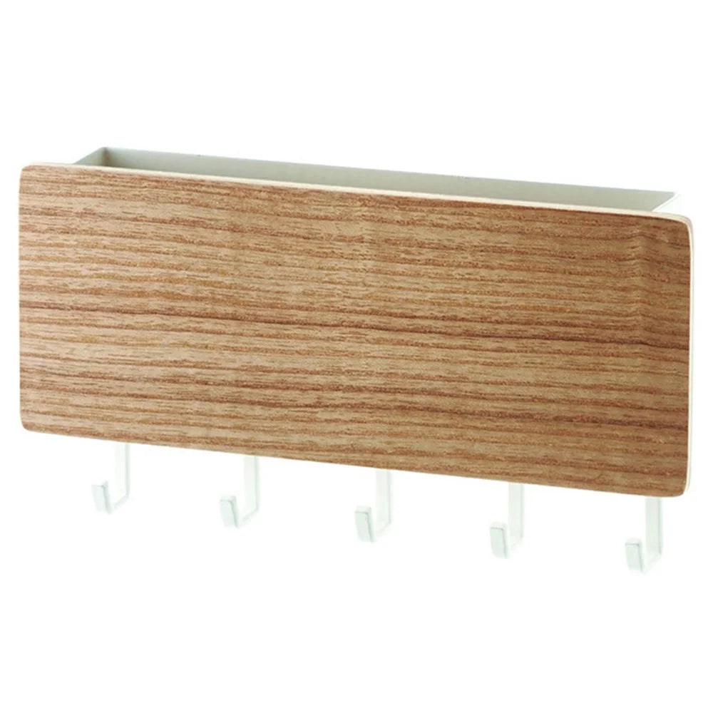 5-Hook Design Wall-mounted Home Entryway Key Hanging Shelf Sundries Storage Rack - Natural Wood Color - 1