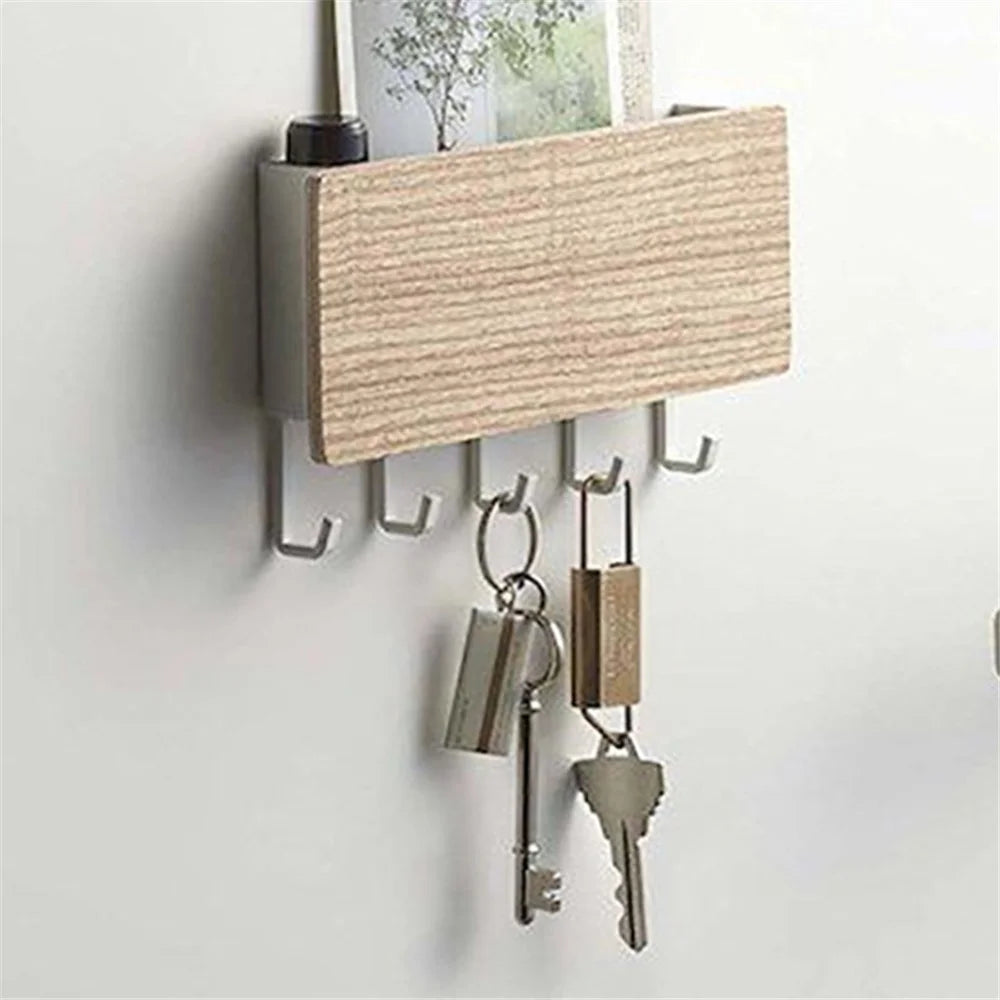 5-Hook Design Wall-mounted Home Entryway Key Hanging Shelf Sundries Storage Rack - Natural Wood Color - 2