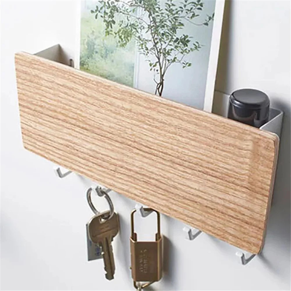 5-Hook Design Wall-mounted Home Entryway Key Hanging Shelf Sundries Storage Rack - Natural Wood Color - 3