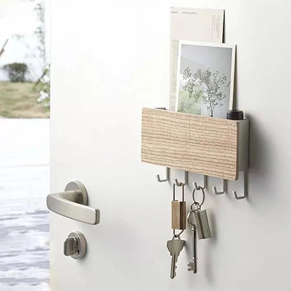 5-Hook Design Wall-mounted Home Entryway Key Hanging Shelf Sundries Storage Rack - Natural Wood Color - 4