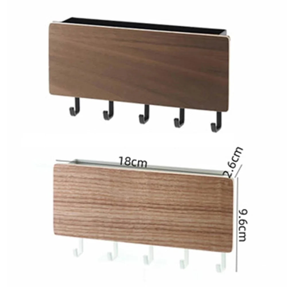 5-Hook Design Wall-mounted Home Entryway Key Hanging Shelf Sundries Storage Rack - Natural Wood Color - 5