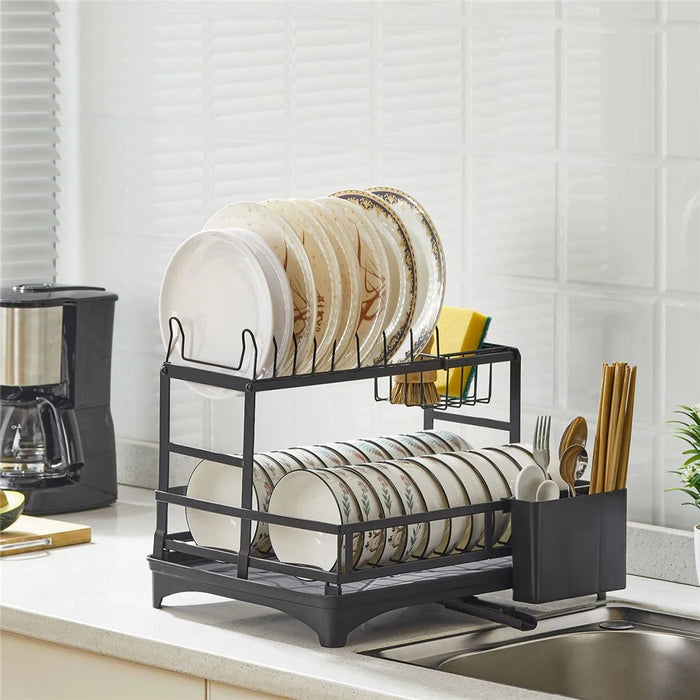 Dish Drying Rack Dish Drainer Bowl Holder with Drainboard Chopstick Rack - Black - 2