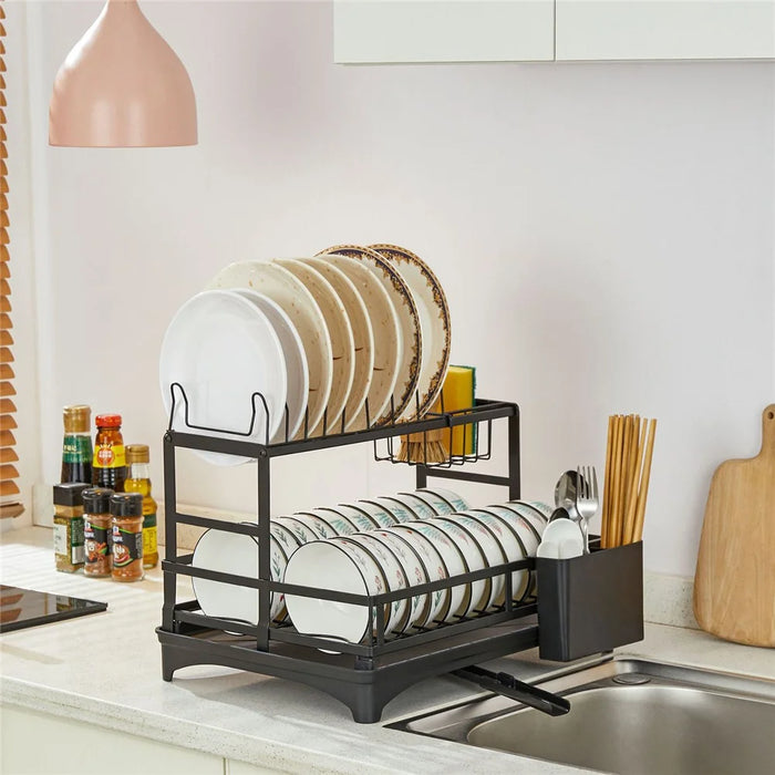 Dish Drying Rack Dish Drainer Bowl Holder with Drainboard Chopstick Rack - Black - 3