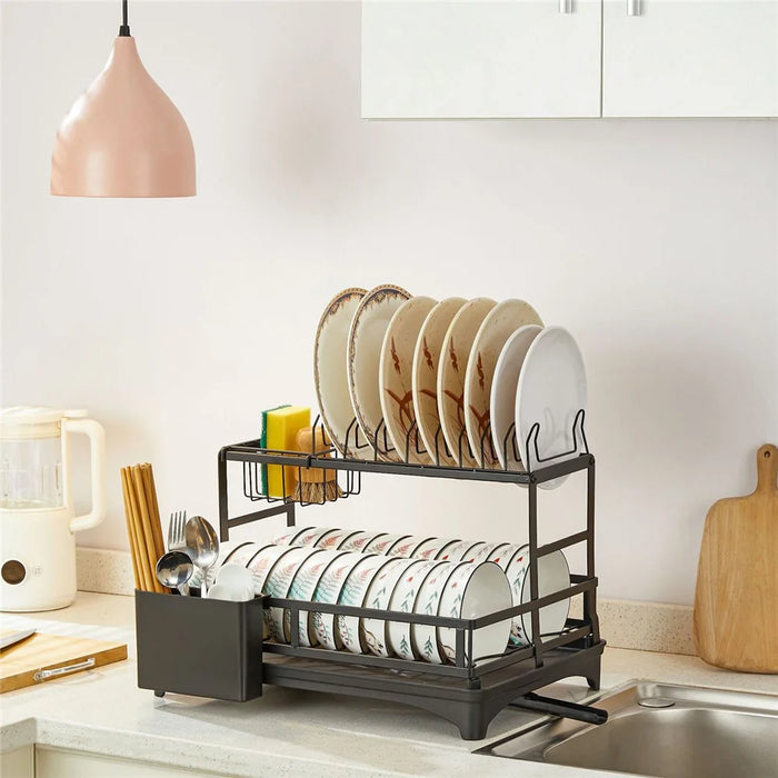 Dish Drying Rack Dish Drainer Bowl Holder with Drainboard Chopstick Rack - Black - 4